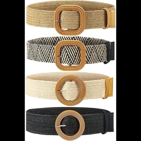 4 Pack Straw Woven Elastic Stretch Waist Belt Women Skinny Dress Belt Wooden Buc main image 5